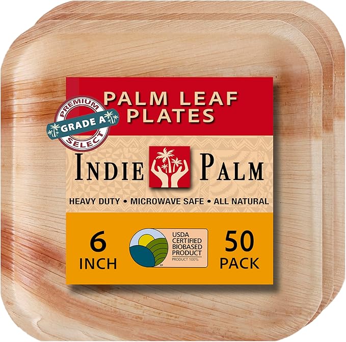 Disposable Palm Leaf Plates - 50 Pack - 6 Inch Square - Compostable & Biodegradable - Heavy Duty, Eco-Friendly, Microwave Safe - Like Bamboo Plates - Perfect for Events & Parties