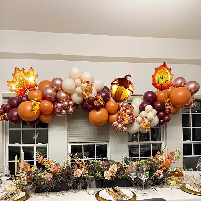 123Pcs Fall Balloon Garland Arch Kit, Burgundy, Orange, Nude, Metallic Rose Gold Balloons with Leaf Chestnut Balloons, for Autumn Thanksgiving Balloon Arch, Baby Shower Party Decorations