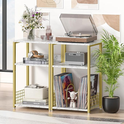 LELELINKY Large White Marble Record Player Stand with Golden Metal Frame, 3 Tier 18" Wide Big End Table with Vinyl Storage Up to 130 Albums, Industrial Turntable Printer Tables for Living Room, Office