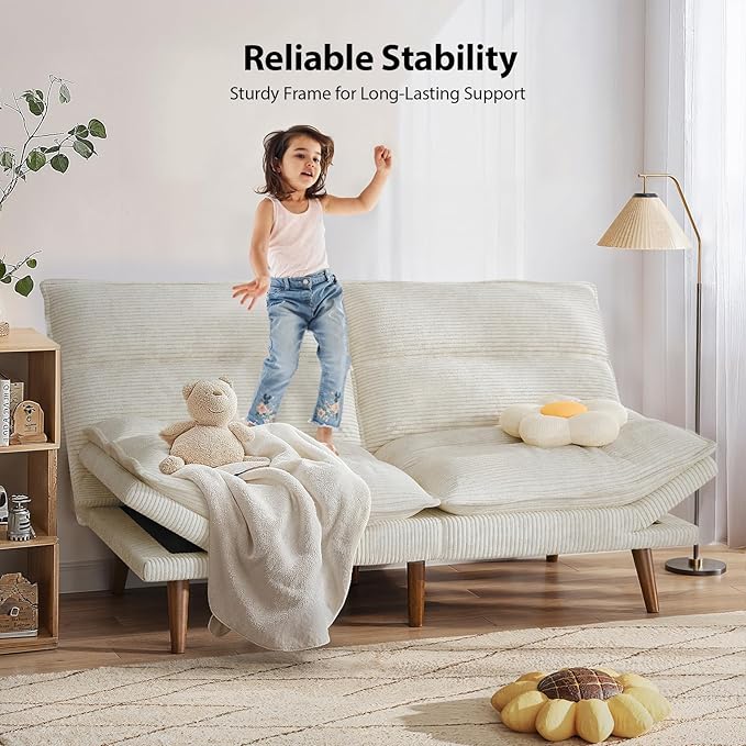 Pipishell Futon Sofa Bed, Convertible Futon Adjustable Backrest & Armrests, Corduroy Sleeper Couch for Small Spaces, Living Room, Office, Guest Room (Pearl White, 66 Inch)