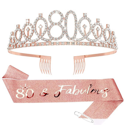 CIEHER 80th Birthday Crown + Sash + Pearl Pin Set, Elegant Gift for Women's 80th Birthday Party Decorations
