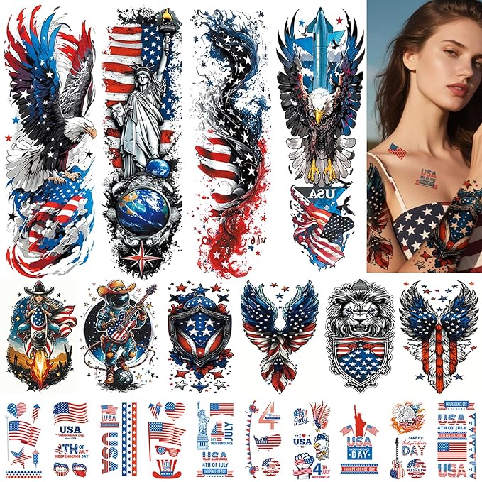 Independence Day Temporary Tattoo, 4th of July Patriotic Sleeve Tattoo, USA Flag Fake Tattoos, Red White and Blue Party Supplies, Veterans Day, Memorial Day, Summer Festivals