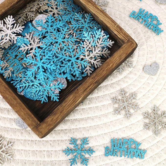 Blue Snowflake Birthday Confetti for Table – 200PC Glitter Heart Snowflakes Table Scatter for Winter Wonderland Birthday Party Decorations