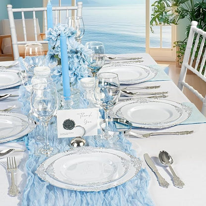 350PCS Silver Plastic Plates for 50 Guests, Disposable Dinnerware Sets Include 100 Silver Rim Plastic Plates, 50 Silverware, 50 Pre Rolled Napkins for Party, Wedding & Decor