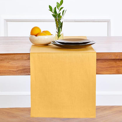 Solino Home Linen Mustard Yellow Table Runner 132 Inches Long - 100% Pure Linen Extra Long Table Runner 14 x 132 Inch - Fete