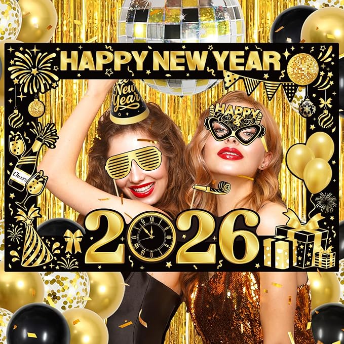 2026 New Year Decorations Party Supplies Kit with Banner, Photo Props, Glasses, Hats, 2026 Foil Balloon, Fringe Curtains and Latex Balloons for New Years Eve Celebration