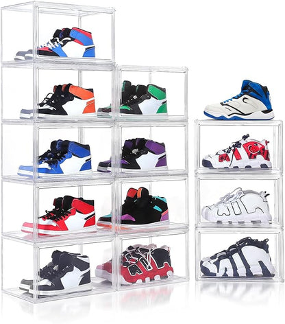 Acrylic Shoe Storage Boxes with Magnetic Door - 360° Clear Stackable Shoe Display Box Set, Plastic Shoe Cabinet Rack Box for Sneakers Heels Shoes (1, Clear, XL - Side Open)