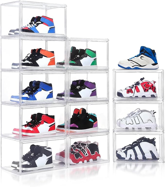 Acrylic Shoe Storage Boxes with Magnetic Door - 360° Clear Stackable Shoe Display Box Set, Plastic Shoe Cabinet Rack Box for Sneakers Heels Shoes (12, Clear, XL - Side Open)