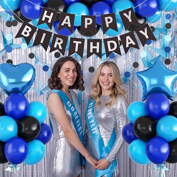 Blue and Black Birthday Party Decorations for Boys Men Royal Blue Black Balloon Set with Star Heart Foil Balloons Happy Birthday Bunting Banner Garland Navy Dark Light Baby Game Theme Party Decor Kit