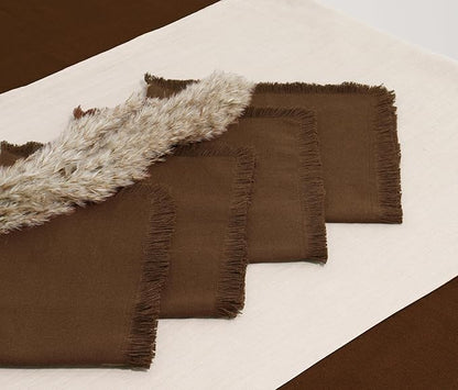PurpleEssences Cloth Napkins with Fringes, 100% Cotton Christmas Holiday Winter Table Decor, Set of 6 18x18 Inch Reusable Dinner Napkins for Parties and Weddings - Brown