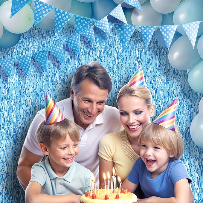 2 Pack 3.2x6.5 Feet Wavy Blue Backdrop Curtain Tinsel Streamers Foil Fringe Backdrop Ocean Themed Decor Baby Shower Bachelorette Disco Winter Under The Sea Summer Pool Beach Party Decorations