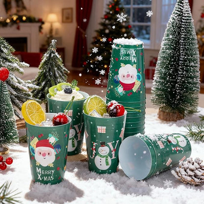 I00000 50Pcs 12oz Snowman Pattern Design Christmas Plastic Cups, Premium Disposable Cups, Green Xmas Party Cup with Santa Claus Pattern Design, Perfect for Christmas Party