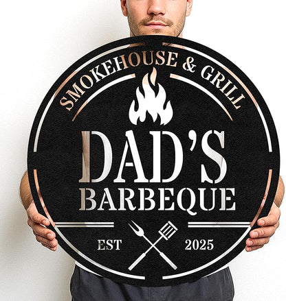 Custom BBQ Workshop Metal Sign, Personalized Grill Cut Name Wall Decor for Garage, Rustic Outdoor Cooking Area Gift