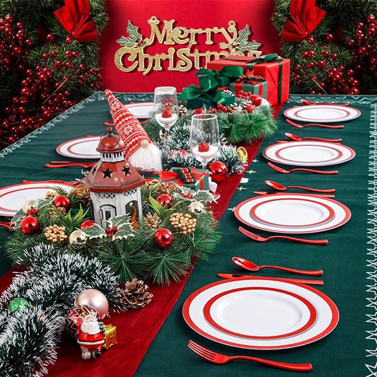 I00000 60PCS Red Plastic Plates White and Red Party Plates Disposable Christmas Plastic Plate Set Include 30 Dinner Plates, 30 Dessert Plates, Fancy Plates Perfect for Christmas Parties