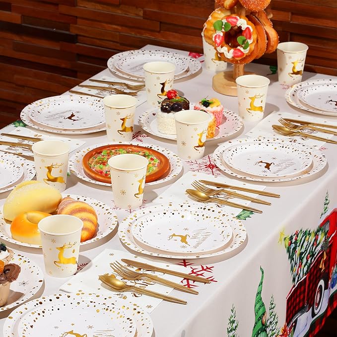 175 Pcs Merry Christmas Party Dinnerware Foil Dots Christmas Paper Plates Set Elk Disposable Xmas Plates Napkins Cups for New Year Wedding Birthday Baby Shower Party Supplies (White Gold)