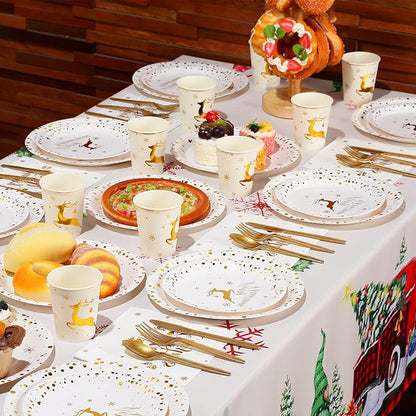 175 Pcs Merry Christmas Party Dinnerware Foil Dots Christmas Paper Plates Set Elk Disposable Xmas Plates Napkins Cups for New Year Wedding Birthday Baby Shower Party Supplies (White Gold)