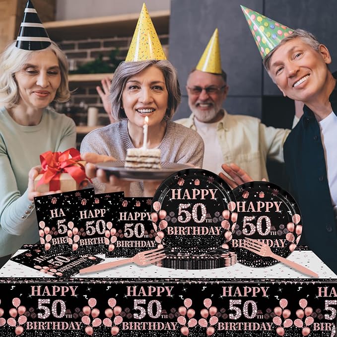 50th Birthday Decorations for Women,61Pcs Rose Gold 50th Birthday Decorations Tableware Include Happy 50th Birthday Plates and Napkins,Tablecloth,Forks,50th Birthday Party Supplies Serve 20
