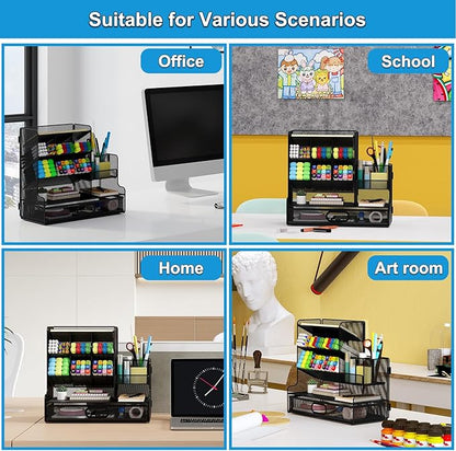 Desk Organizer with Drawer, Mesh Marker Pen Holder for Desk, 13 Compartments Stationery and Art Supplies Organizer, Office Accessories and Workspace Storage Rack, Black
