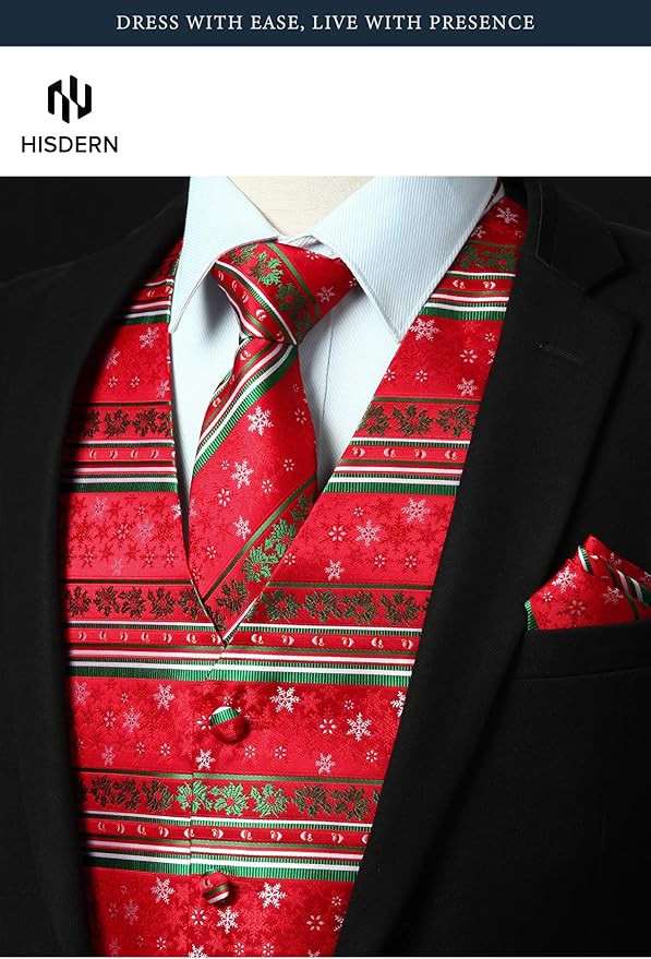 HISDERN Men's Suit Vest Christmas Holiday Season Party Jacquard Waistcoats Necktie Pocket Square Vest Suit Set