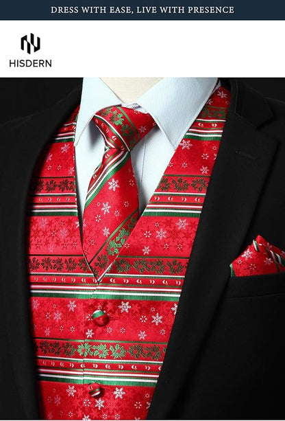 HISDERN Men's Suit Vest Christmas Holiday Season Party Jacquard Waistcoats Necktie Pocket Square Vest Suit Set
