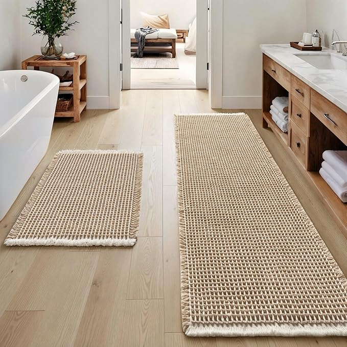 MIULEE Set of 2 Waffle Bathroom Rugs, Boho Bath Rugs Non Slip Washable, Super Absorbent Bath Mats, Ultra Soft Rubber Backed Shower Mats for Bathroom Floor, Tub, Brown & White, 17"x24"+20"x47"