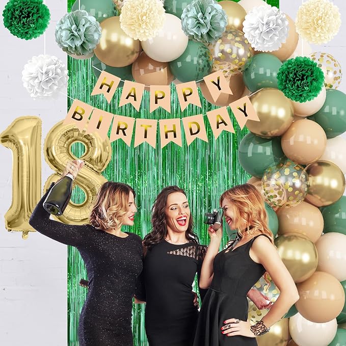 Sage Green 18th Birthday Decorations for Boys Girls Gold Number 18 Balloon Nude Gold Happy Birthday Banner Fringe Curtain Paper Pom Poms Olive Green Cream White Sand Star Foil Balloons Party Decor