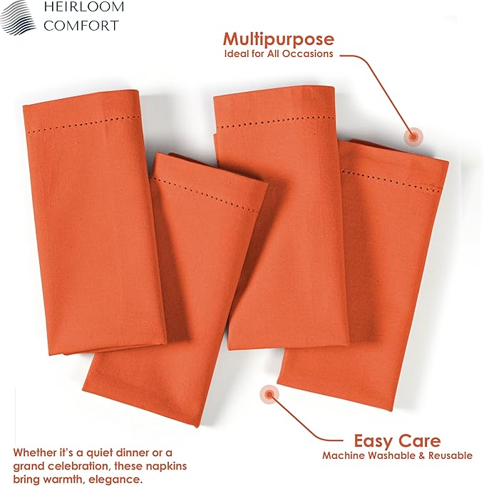 Orange Cloth Napkins 18"x18", 6 Pack - Durable, Absorbent, Soft, Reusable, Washable - Hemstitch Mitered Edges - Ideal for Dinner, Fall, Thanksgiving, Rustic Weddings, Everyday Use