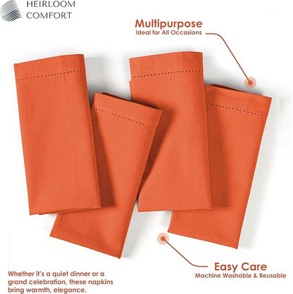 Orange Cloth Napkins 18"x18", 6 Pack - Durable, Absorbent, Soft, Reusable, Washable - Hemstitch Mitered Edges - Ideal for Dinner, Fall, Thanksgiving, Rustic Weddings, Everyday Use