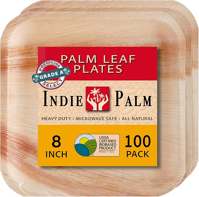 Disposable Palm Leaf Plates - 100 Pack - 8 Inch Square - Compostable & Biodegradable - Heavy Duty, Eco-Friendly, Microwave Safe - Like Bamboo Plates - Perfect for Events & Parties