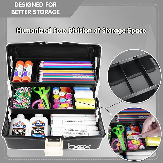 12in Three-Layer Multipurpose Storage Box Organizer Folding Tool Box/Art & Crafts Case/Sewing Supplies Organizer/Medicine Box/Family First Aid Box with 2 Trays (Black)…