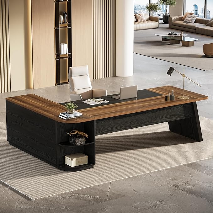 Tribesigns 79-Inch Executive Desk, Large Office Desk with Cabinet, L-Shaped Compter Desk with Storage Shelves, Writing Table for Home Office, Brown and Black
