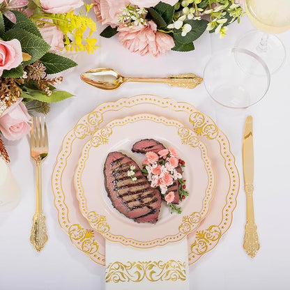 Ciaell 175 PCS Pink and Gold Plastic Plates - Fancy Gold Disposable Dinnerware Set with of 50 Plates, 25 Knives, 25 Forks, 25 Spoons, 25 Cups, 25 Napkins for Party & Weddings