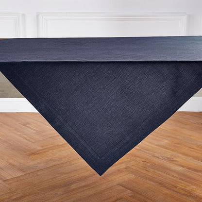 Solino Home Linen Square Tablecloth 52 x 52 Inch - 100% Pure Linen Chambray Navy Table Throw - Athena, Machine Washable Tablecloth for Fall, Autumn, Winter