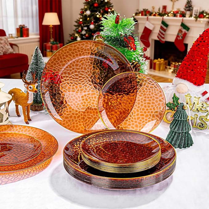 Rubtlamp 60Pcs Amber Plastic Plates - Brown Disposable Plates With Gold Rim, Clear Heavy-duty Party Plates, Hammered Plates Include 30 Dessert Platos, 30 Dinner Platos for Thanksgiving, Christmas
