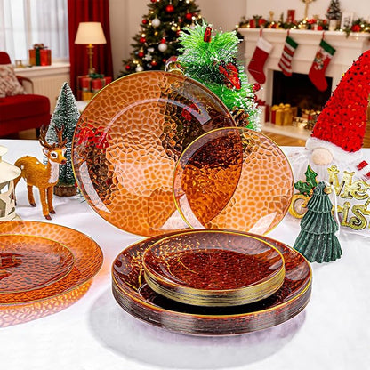 Rubtlamp 60Pcs Amber Plastic Plates - Brown Disposable Plates With Gold Rim, Clear Heavy-duty Party Plates, Hammered Plates Include 30 Dessert Platos, 30 Dinner Platos for Thanksgiving, Christmas