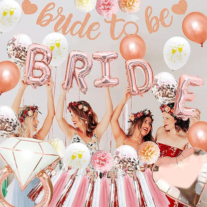Bridal Shower Decorations - Rose Gold Party Decorations with Wifey for Lifey Banner, Bride Foil Balloon, Diamond Ring Balloon, Paper Pom Poms, Tassel Party Supplies