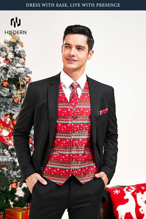 HISDERN Men's Suit Vest Christmas Holiday Season Party Jacquard Waistcoats Necktie Pocket Square Vest Suit Set