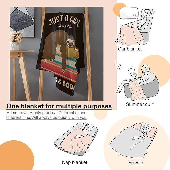 Just a Girl Who Loves Sloths and Books Blanket Lightweight Cozy Flannel Fleece Throw Blanket Best Gift Home Decor for Bed Couch Outdoor Camping 80"x60" Queen for Adults