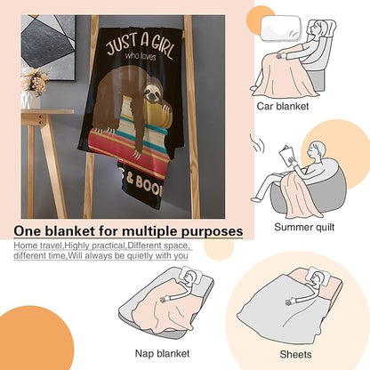 Just a Girl Who Loves Sloths and Books Blanket Lightweight Cozy Flannel Fleece Throw Blanket Best Gift Home Decor for Bed Couch Outdoor Camping 120"x90" King for Family