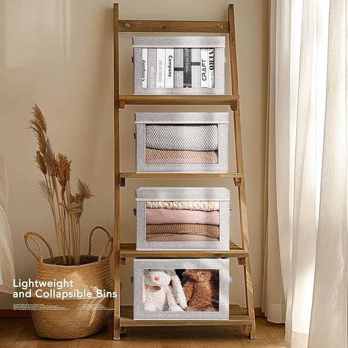 Storage Boxes with Lids - 3 Pack Fabric Clear Window Storage Bins, Collapsible Storage Bins with Lids, Linen Closet Organizer for Clothes, Towel, Blanket, Light Grey