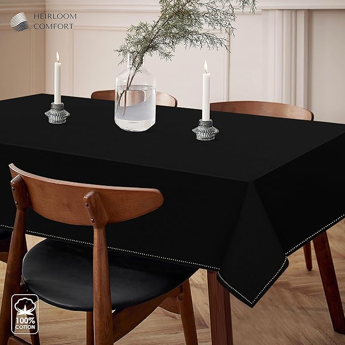 Black Cotton Table Cloth, 60x86 Inch, Fits 6-8 Seats, Soft, Durable, Washable, Wrinkle Resistant, Rectangle Tablecloth for Dining, Formal Dinner, Party Decor, Events, All Seasons