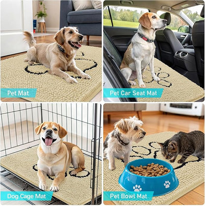 OLANLY Dog Door Mat for Muddy Paws 36x24, Paw Print Design, Absorbs Moisture and Dirt, Absorbent Non-Slip Washable Doormat, Quick Dry Chenille Mud Mat for Dogs, Entry Indoor Entryway Carpet, Sand