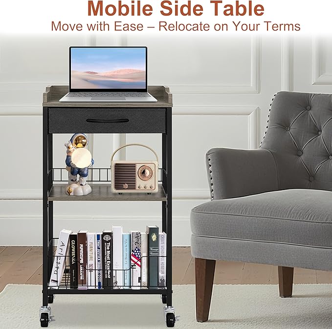4-Tier Tall Side Table with Optional Wheels, Narrow End Table with Drawer and Shelves, 30" High Small Storage Table for Living Room, Bedroom, Bathroom, Black & Grey