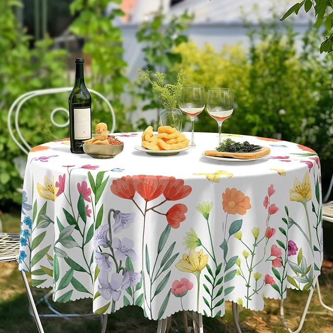Eikione Tablecloth 70inch,Tablecloth Waterproof and Wrinkle-Free, Wild Flower Rustic Table Covers, Summer Decorations for Home