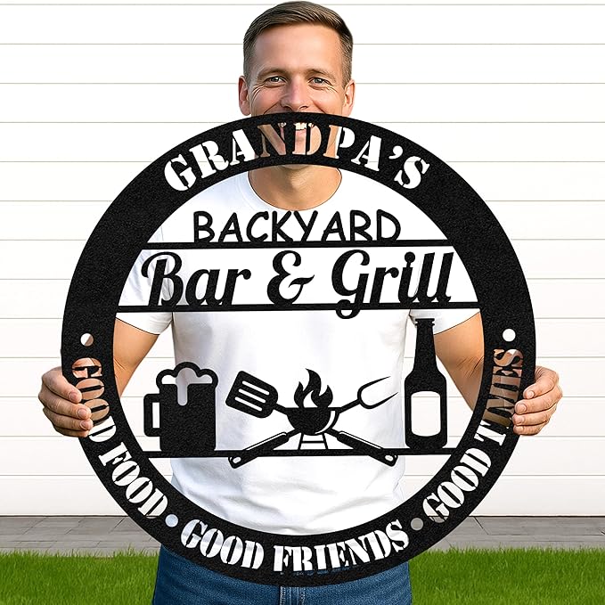 Outdoor Barbecue Metal Sign, Custom Grill Name Cut Wall Art for BBQ Station, Rustic Patio Kitchen and Backyard Decor