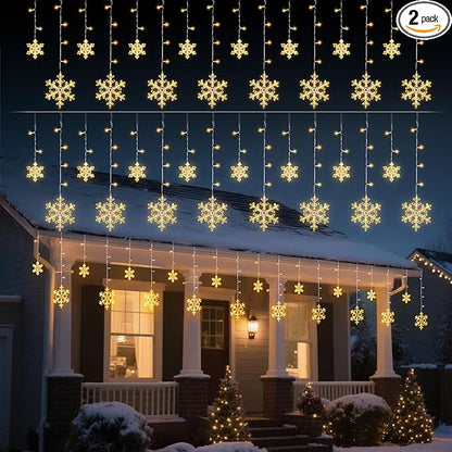 2 Pack 13 Ft 192 LED Snowflake Christmas Icicle Lights with 16 Drops, 8 Modes and Timer, IP65 Waterproof Connectable for Indoor Outdoor House Window, Warm White