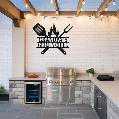 Personalized BBQ Patio Metal Sign, Custom Grill Cut Name Wall Decor for Backyard Kitchen, Rustic Outdoor Barbecue Gift