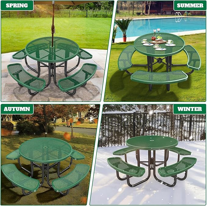 47'' Heavy-Duty Metal Picnic Tables with Umbrella Hole, Outdoor Steel Heavy Duty Commercial Grade Black Table, Outdoor Bench Set for Lawn, Patio, Park, Yard, Garden, Porch (Set B, Round)