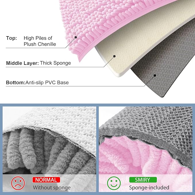 Smiry Luxury Chenille Bathroom Rugs 44x24, Extra Soft and Absorbent Shaggy Bath Mat, Machine Washable, Non-Slip Plush Carpet Runner for Tub, Shower, and Floor, Home Decor Accessories, Pink