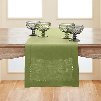 Solino Home Linen Moss Green Table Runner 90 Inches Long - 100% Pure Linen Hemstitch 14 x 90 Inch Table Runner for Dining, Fall, Autumn, Winter - Classic Hemstitch